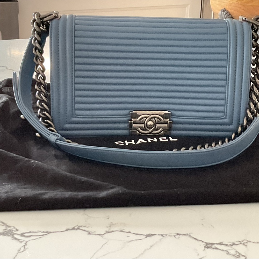 Chanel Steel Blue Horizontal Quilted Lambskin Shoulder Bag